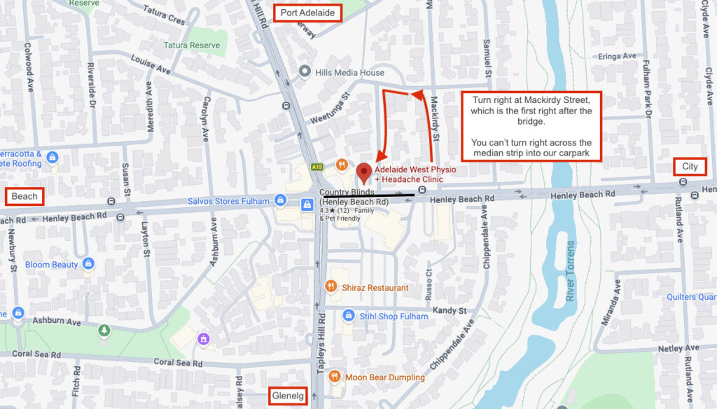 map showing vehicle access to the adelaide west physio car park via mackirdy, weetunga and murray streets